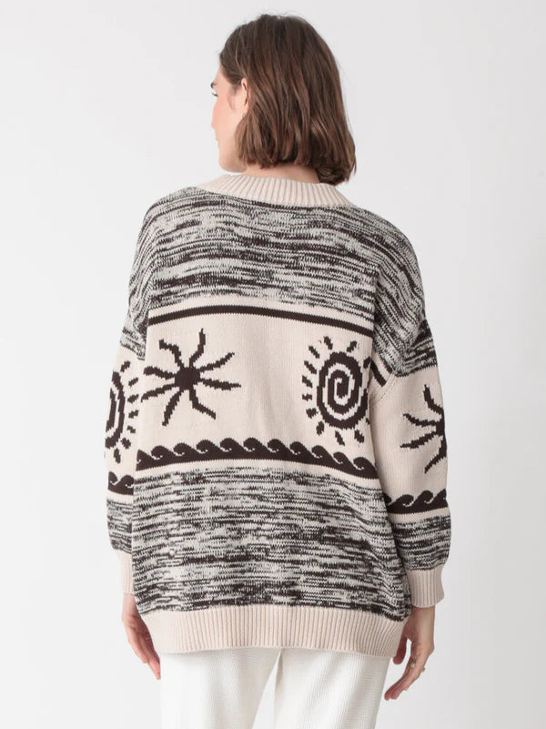 Cotton Everyday Cardigan Sweater - Intarsia Ivory/Cocoa - by Electric Rosen