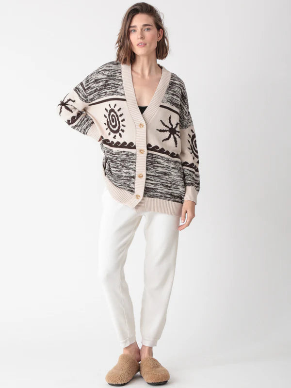 Cotton Everyday Cardigan Sweater - Intarsia Ivory/Cocoa - by Electric Rosen