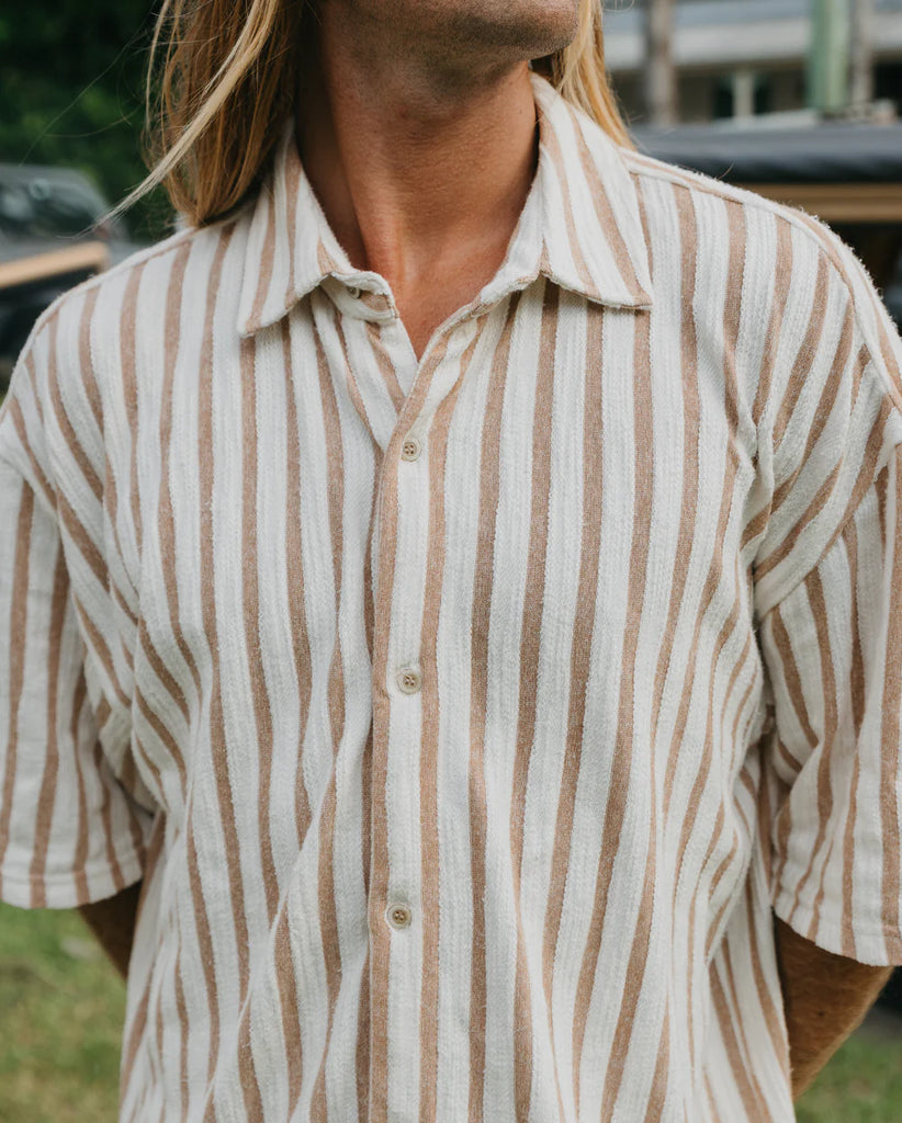 Unisex Lane - Stripe Textured Short Sleeve Shirt - Brown / Ottway