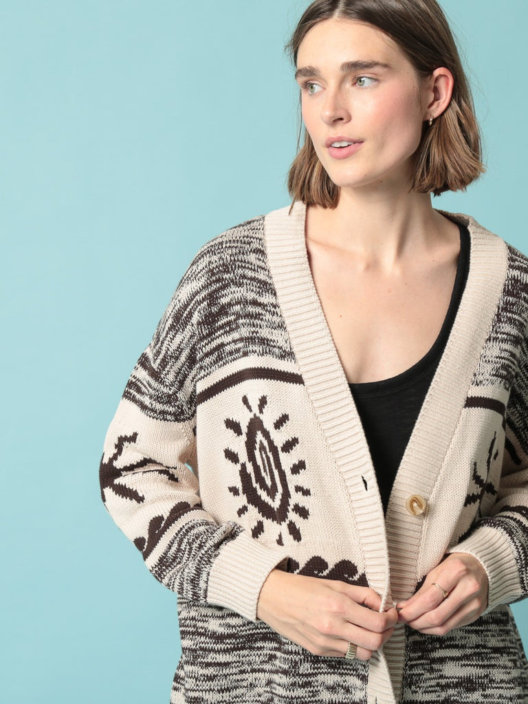 Cotton Everyday Cardigan Sweater - Intarsia Ivory/Cocoa - by Electric Rosen