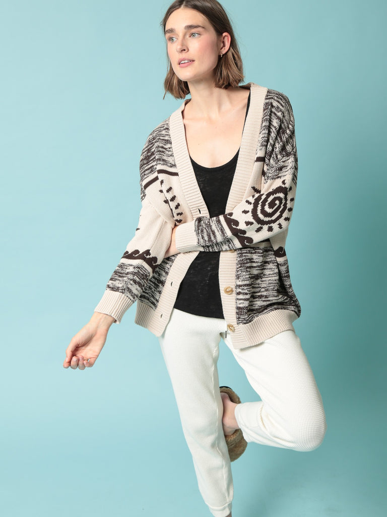 Cotton Everyday Cardigan Sweater - Intarsia Ivory/Cocoa - by Electric Rosen