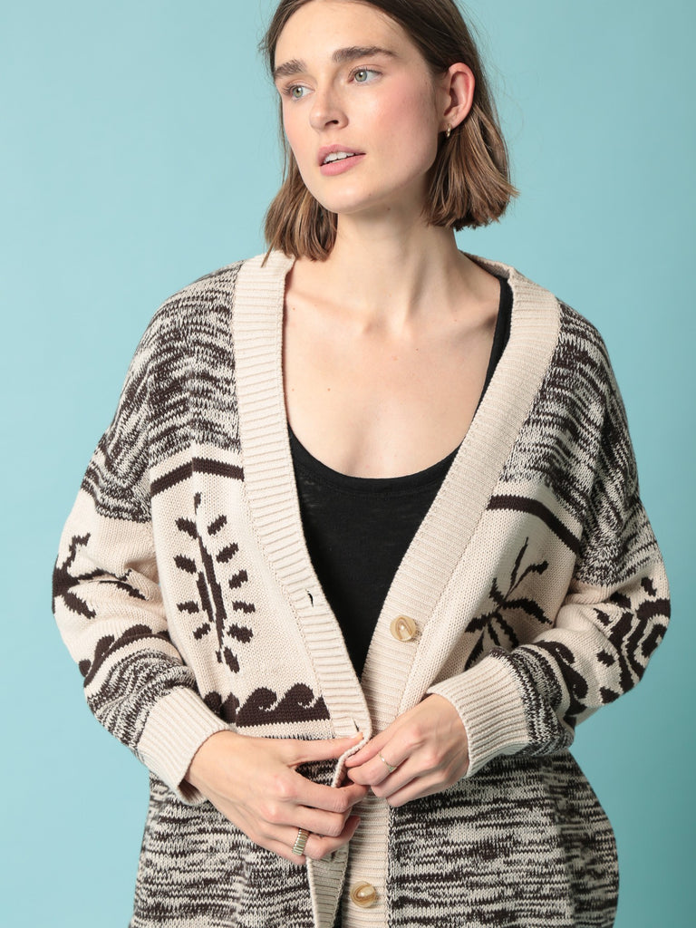 Cotton Everyday Cardigan Sweater - Intarsia Ivory/Cocoa - by Electric Rosen